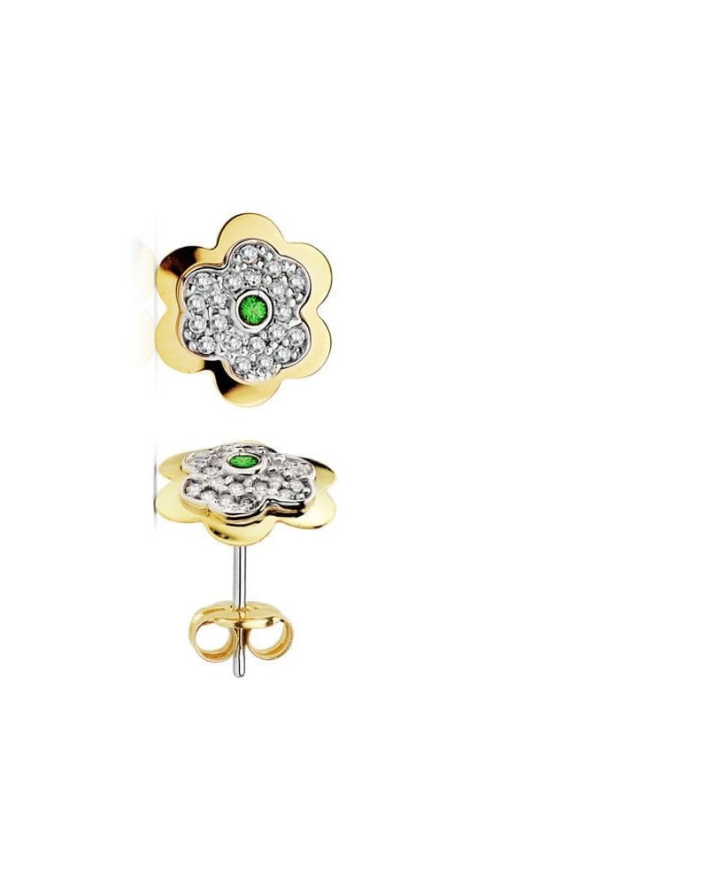 Pendientes oro 18k flor circonita esmeralda 6 mm