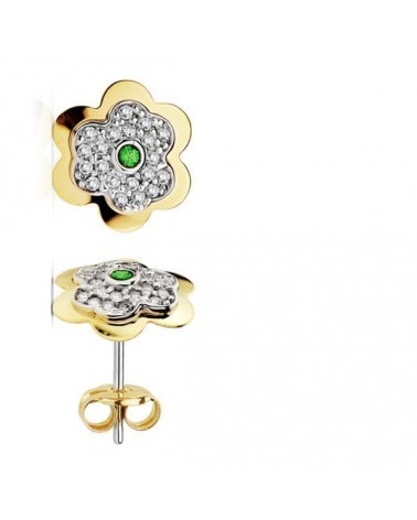 Pendientes oro 18k flor circonita esmeralda 6 mm