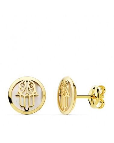 Pendientes oro 18k Mano de Fátima 8mm cierre presión