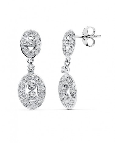 Pendientes oro blanco 18k circonitas doble óvalo colgante