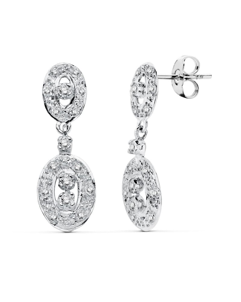 Pendientes oro blanco 18k circonitas doble óvalo colgante