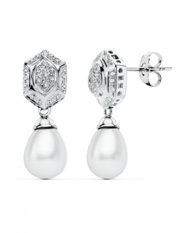 Pendientes oro blanco 18k perla circonita presión