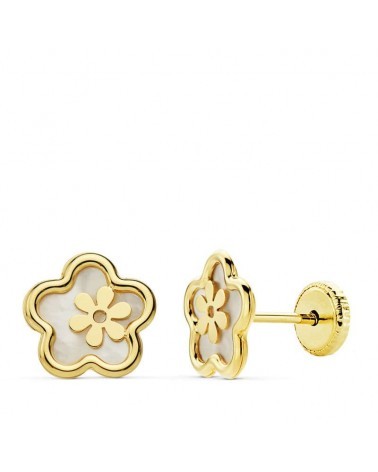Pendientes oro 18k flor nácar cierre tuerca 8mm