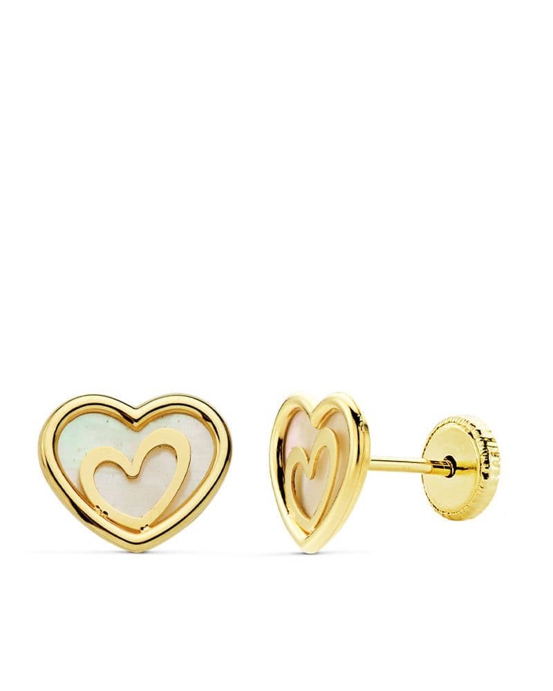 Pendientes oro 18k corazón nácar dormilón niña 9x7 mm