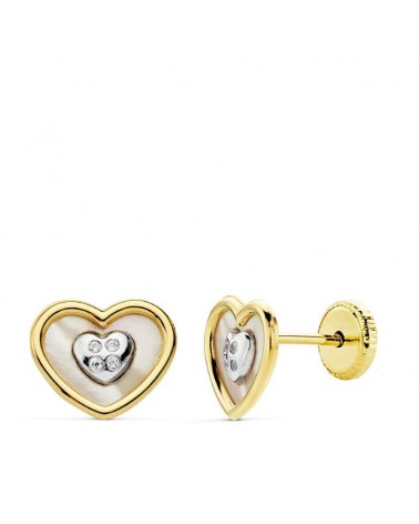 Pendientes oro 18k bicolor corazón nácar dormilón