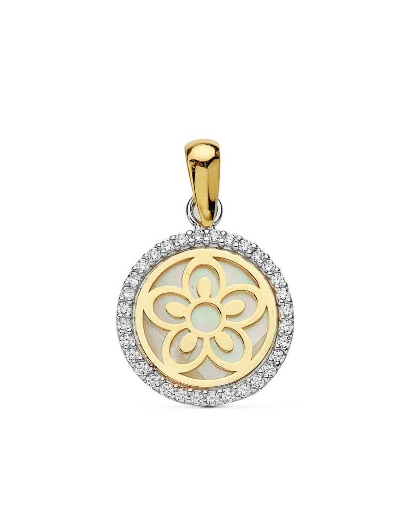 Colgante oro 18k bicolor flor nácar 12 mm