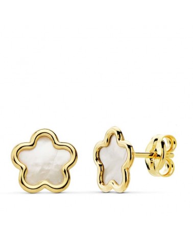 Pendientes oro 18k flor nácar 8x8 mm