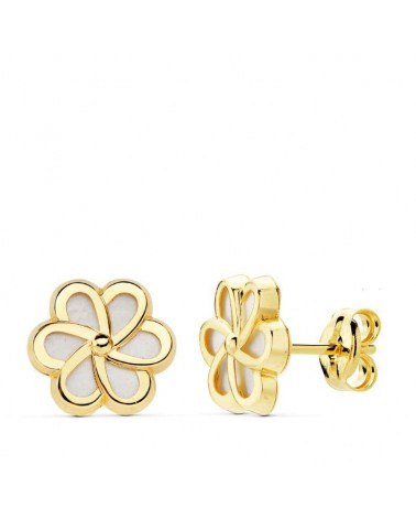 Pendientes oro 18k flor nácar 8mm cierre presión