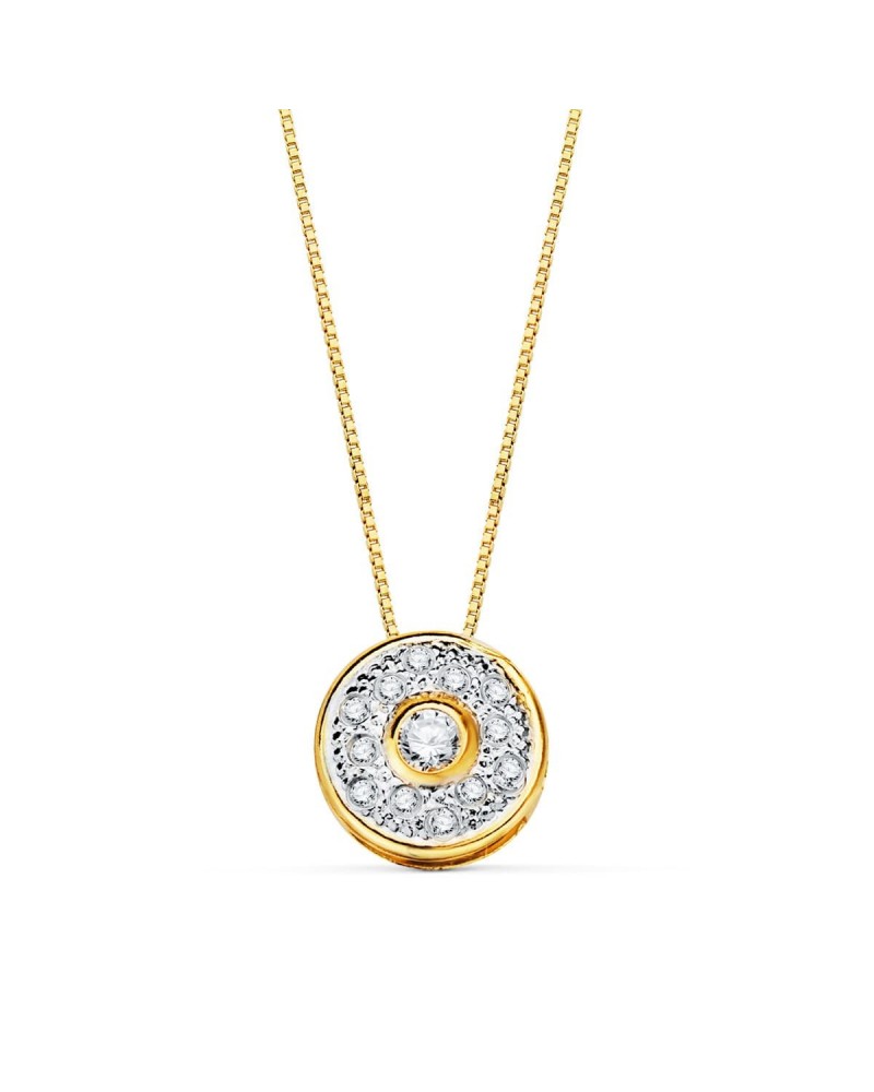 Colgante oro 18k bicolor redondo circonita 8mm cadena 42cm