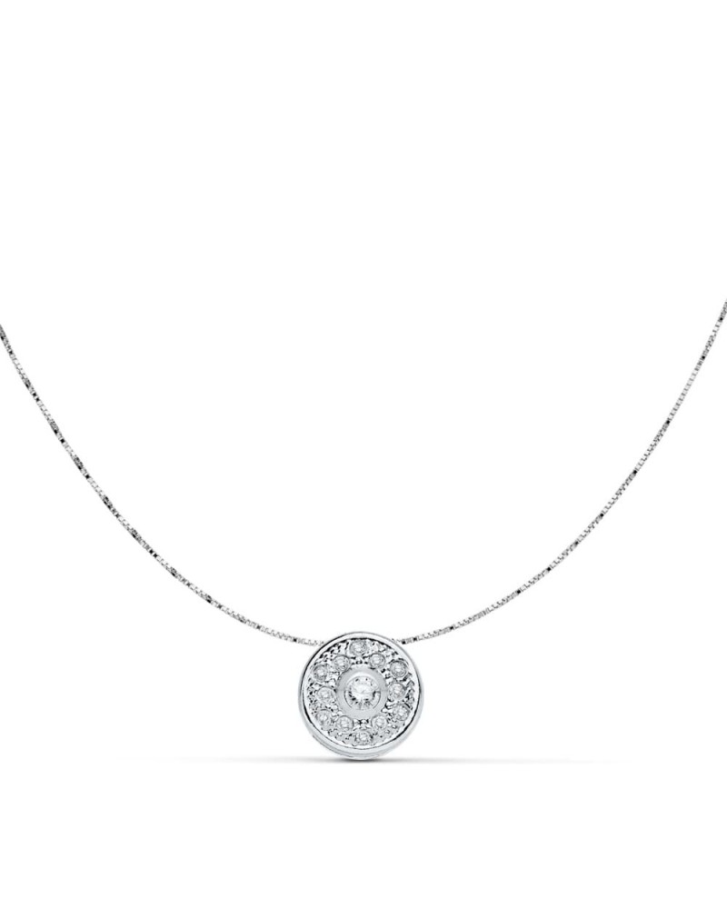 Collar oro blanco 18k colgante circular circonita 8mm
