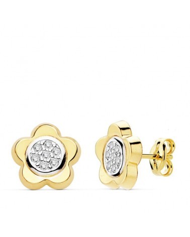 Pendientes oro 18k bicolor flor circonita 10mm