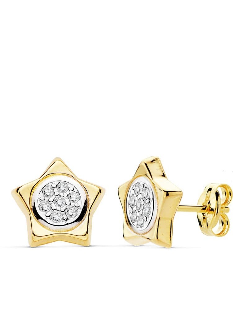 Pendientes oro 18k bicolor estrella 9x9mm
