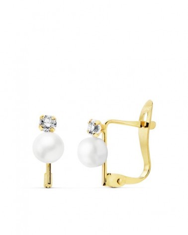 Pendientes oro 18k bicolor perla circonita cierre catalán