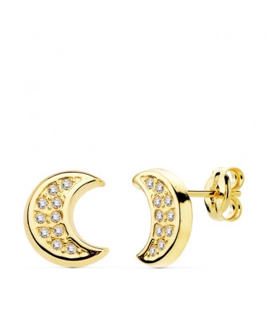 Pendientes oro 18k media luna circonita 9x8 mm
