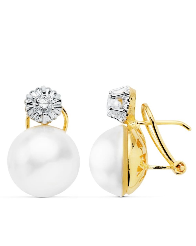 Pendientes oro 18k bicolor perla japonesa 13mm omega