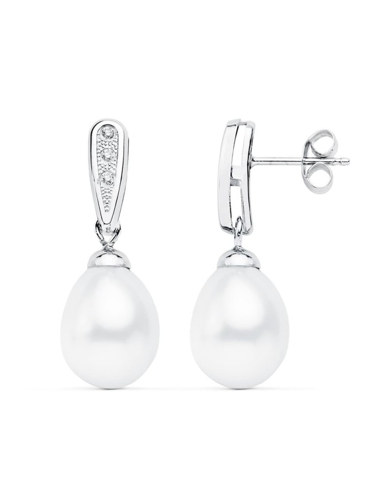 Pendientes oro blanco 18k perla cierre presión 24x9 mm