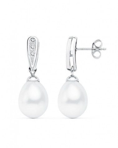 Pendientes oro blanco 18k perla cierre presión 24x9 mm