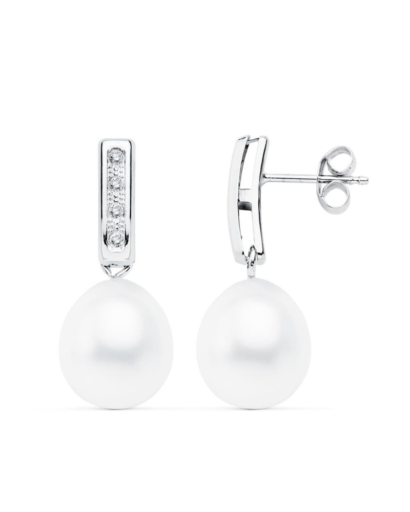 Pendientes oro blanco 18k perlas circonitas 24x9mm