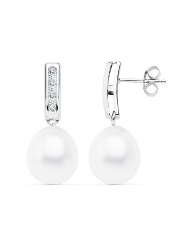 Pendientes oro blanco 18k perlas circonitas 24x9mm