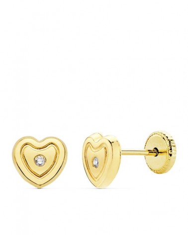 Pendientes oro 18k corazón circonita cierre tuerca