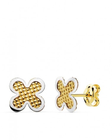 Pendientes oro 18k bicolor trébol 7x7 mm presión