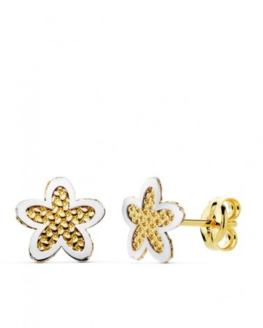 Pendientes oro 18k bicolor flor 7,5mm cierre presión