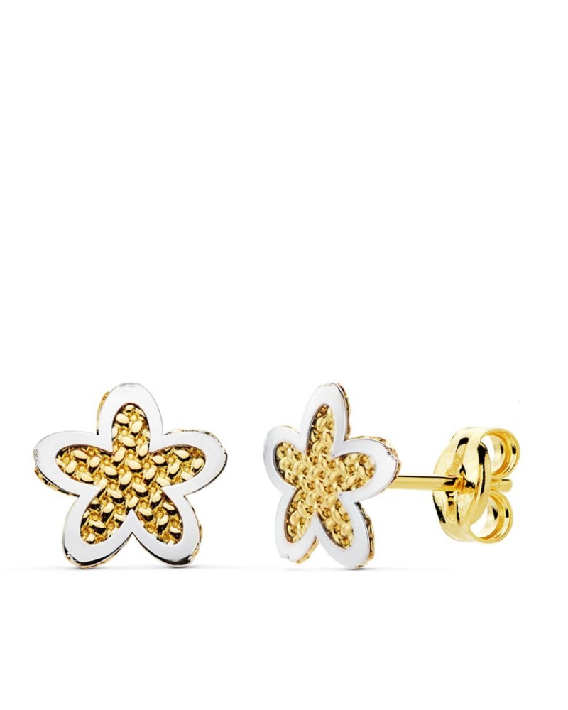 Pendientes oro 18k bicolor flor 7,5mm cierre presión
