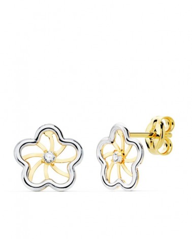 Pendientes oro 18k bicolor flor circonita 8x8 mm