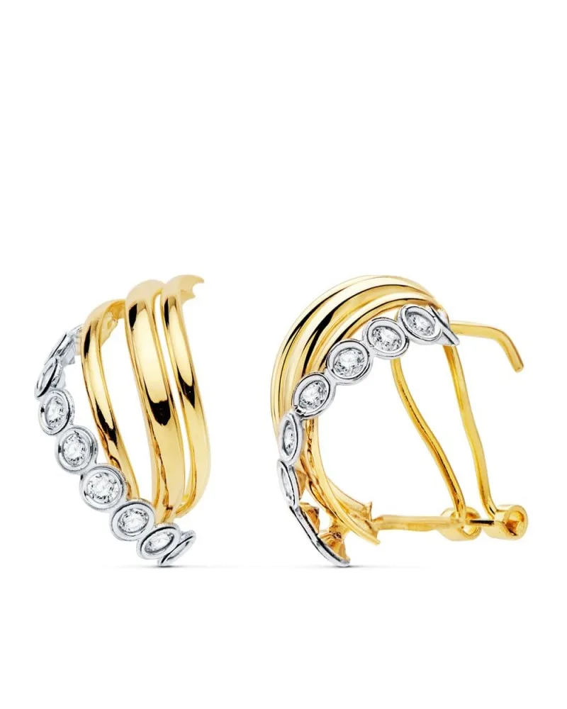 Pendientes oro 18k bicolor bandas circonita 18x10mm