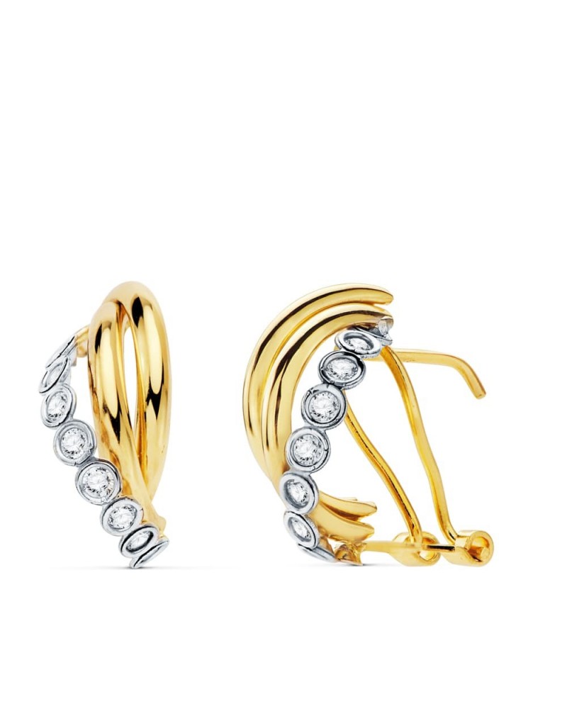Pendientes oro 18k bicolor bandas cierre omega