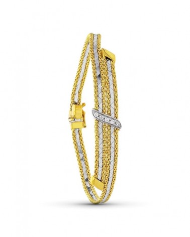 Pulsera oro 18k bicolor circonitas múltiples cadenas