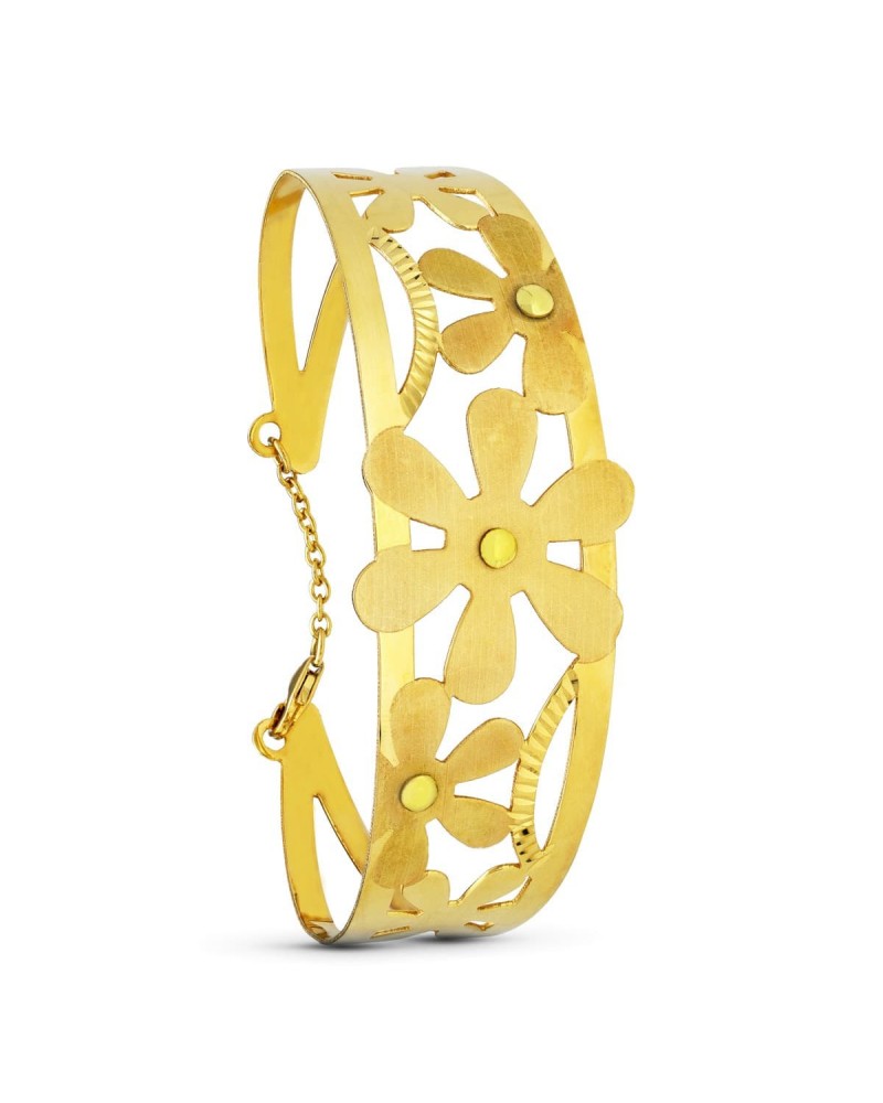 Pulsera oro 18k flores caladas láser amarillo
