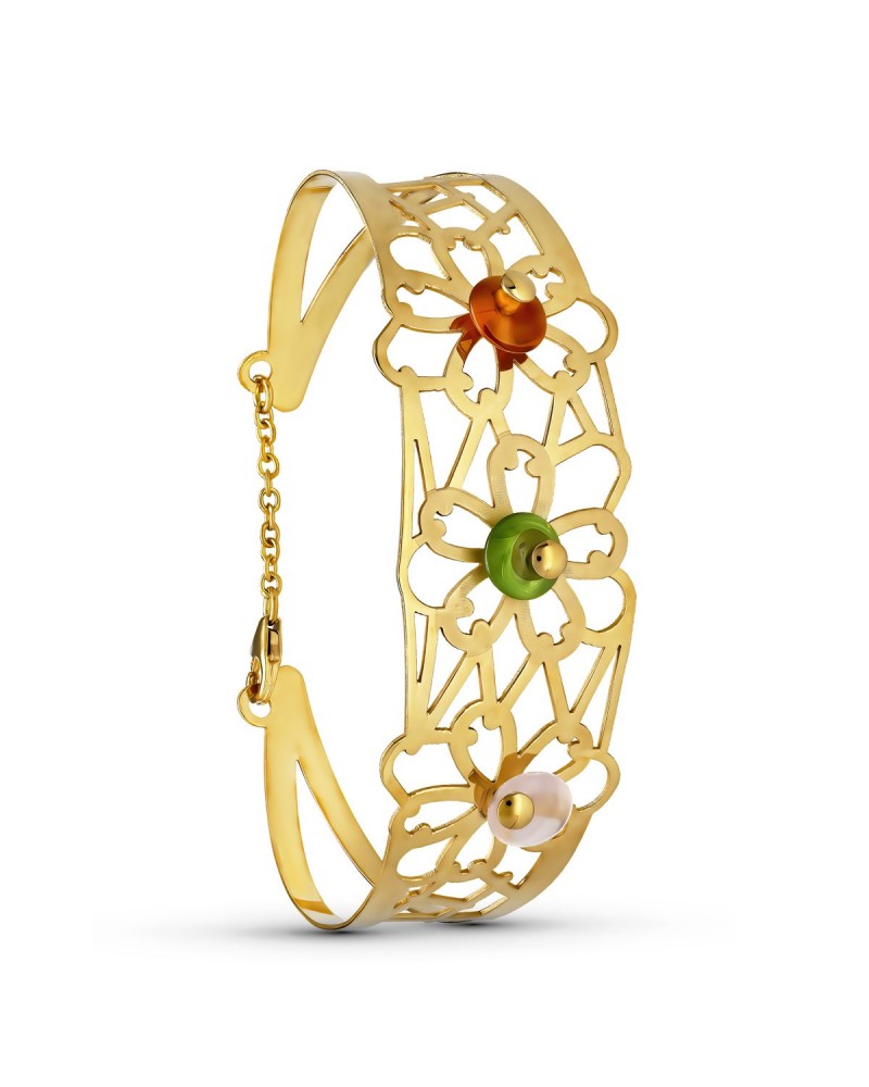 Pulsera oro 18k rígida flores caladas 21mm