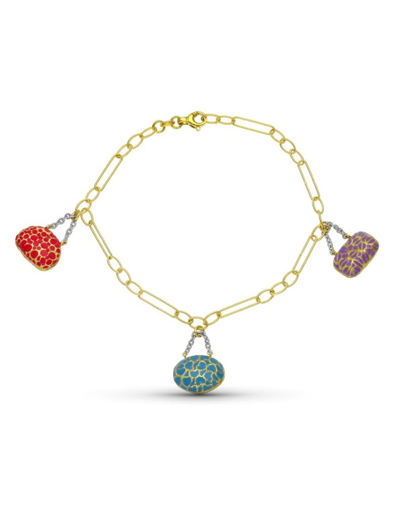 Pulsera oro 18k amarillo bolsos esmaltados multicolor