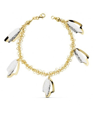 Pulsera oro 18k bicolor hojas colgantes 19cm