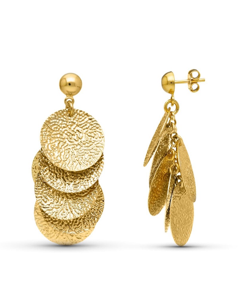 Pendientes oro 18k círculos labrados colgantes