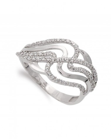 Sortija oro blanco 18k circonitas diseño ondulado 12mm
