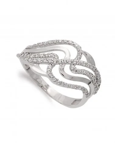 Sortija oro blanco 18k circonitas diseño ondulado 12mm