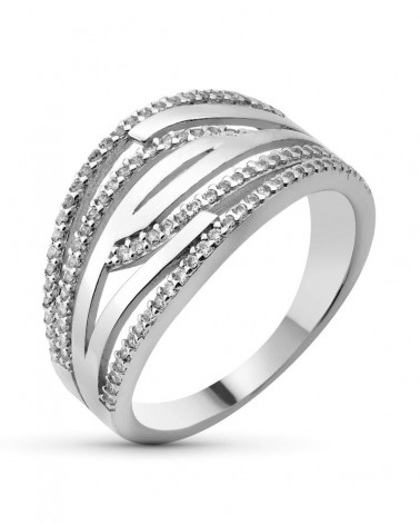 Sortija oro blanco 18k circonitas diseño cruzado 11mm