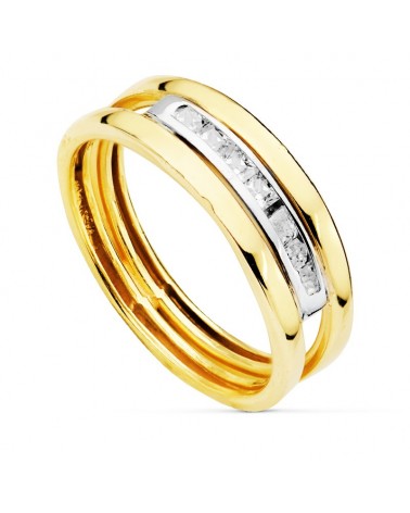 Sortija oro 18k bicolor circonita dos cuerpos 6,5mm