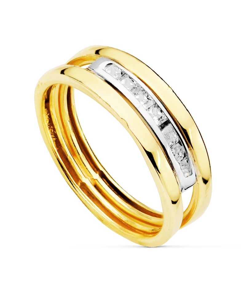 Sortija oro 18k bicolor circonita dos cuerpos 6,5mm