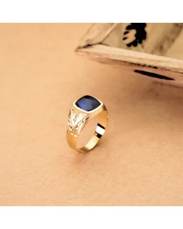 Sello oro 18k amarillo espinela color zafiro tallada 9x9mm