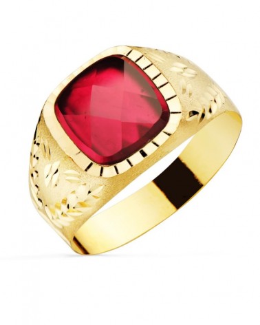 Sello oro 18k piedra rubí 9x9 mm tallado lateral