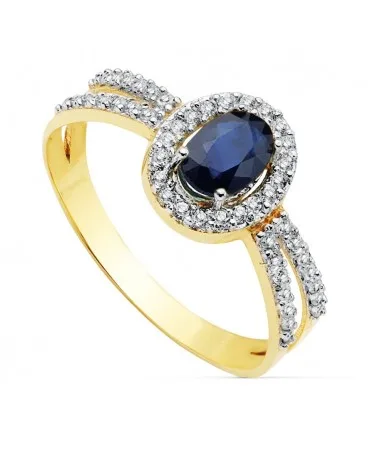 Sortija oro 18k bicolor piedra color zafiro oval circonitas 1,9 gramos