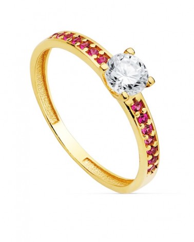 Solitario oro 18k circonita central y rojas 5mm