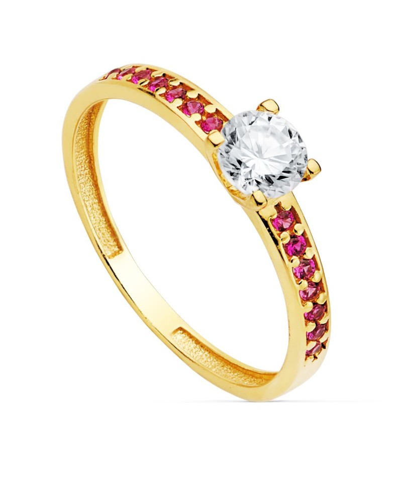 Solitario oro 18k circonita central y rojas 5mm