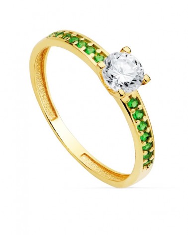 Anillo solitario oro 18k circonita y piedras verdes