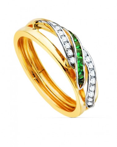 Sortija oro 18k bicolor circonita blanca y verde 6mm