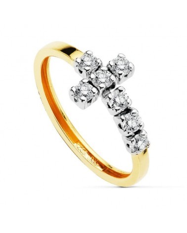 Anillo oro 18k bicolor cruz 7 circonitas