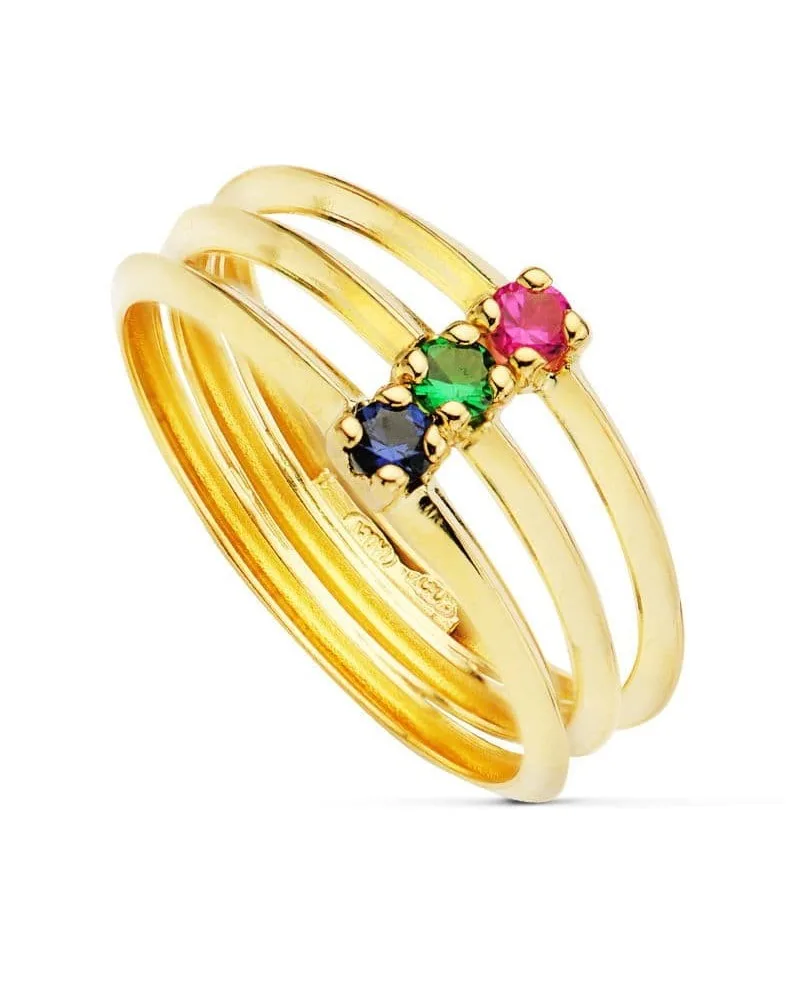 Sortija oro 18k triple aro circonitas colores